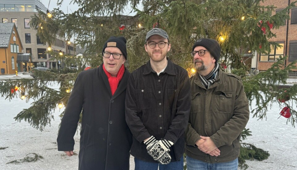 Øivind Roos, Martin Sternberg og Lars Ovlien snakker blant annet om veien fra kulturskolen til orgelkrakken i Vinger kirke i denne ukens utgave av Kulturstreif. Tre menn foran et juletre på et torg.