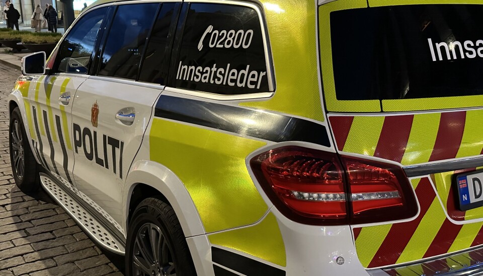 Politiet melder om en bilist som skal ha kjørt inn i et butikkvindu på Skotterud. politibil